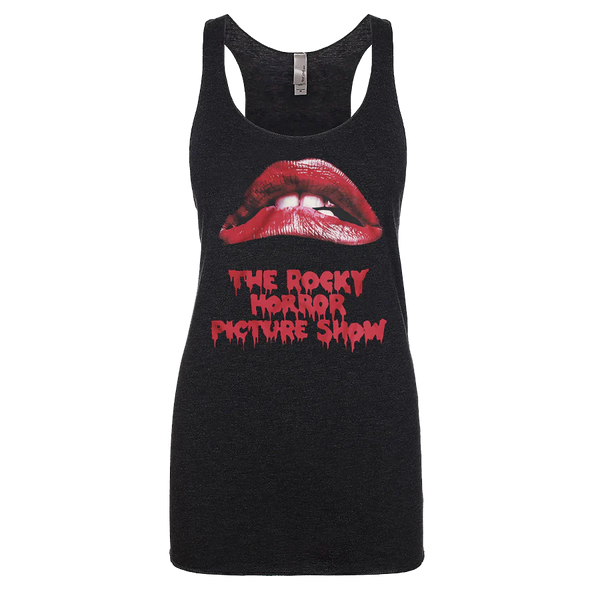 black racerback style tank top featuring Patricia Quinn's iconic red lips from The Rocky Horror Picture Show