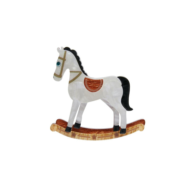 2" layered white pearly resin rocking horse brooch with red saddle and black mane and tail