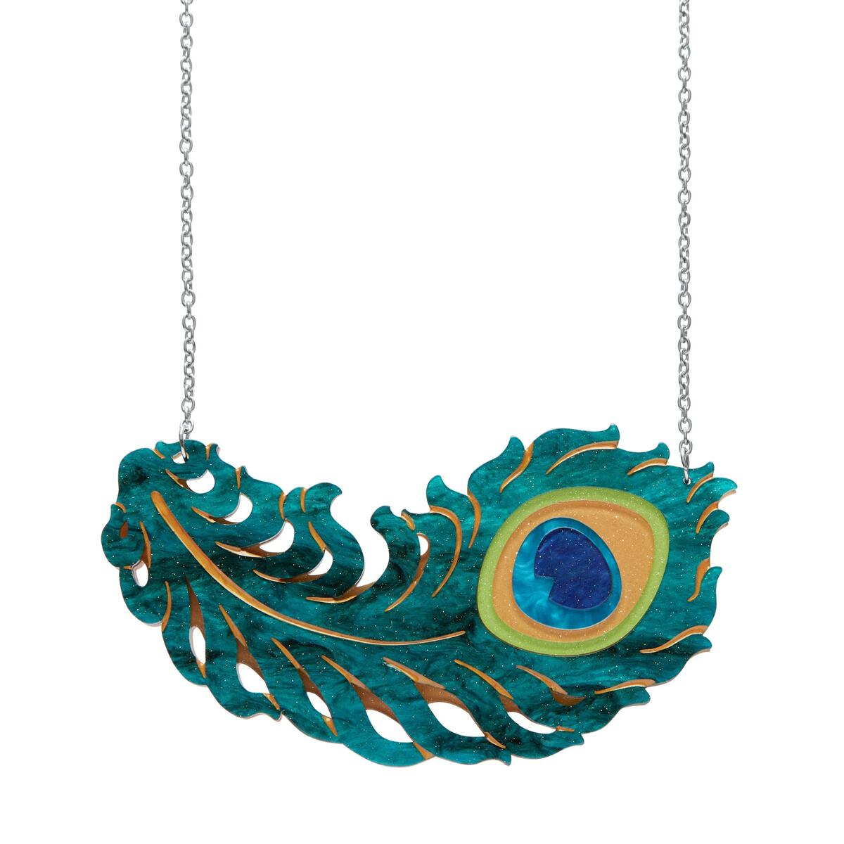 Art Nouveau Collection "The Royal Eye" peacock feather layered resin pendant on 17" - 21" adjustable silver metal chain
