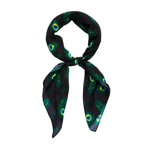 Art Nouveau Collection "The Royal Eye" vintage inspired semi-sheer deep black background peacock feather print 27" square scarf
