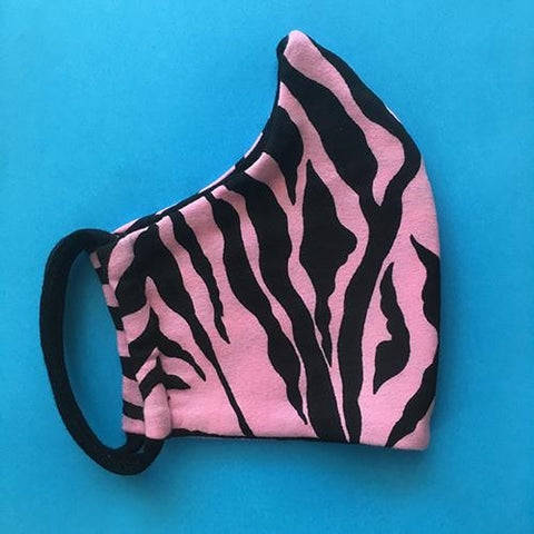 black & pink zebra print cotton knit shaped face mask with black ear loops