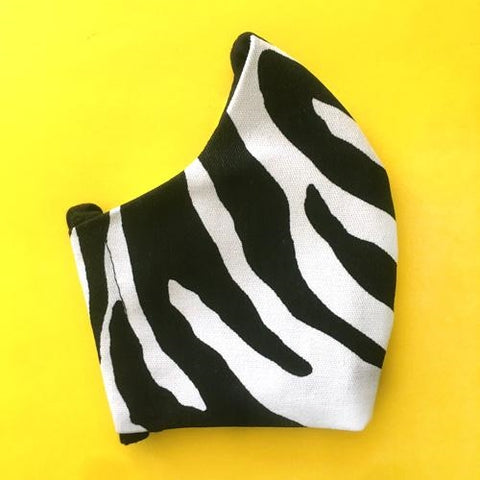 black & white zebra print cotton twill shaped face mask with black ear loops
