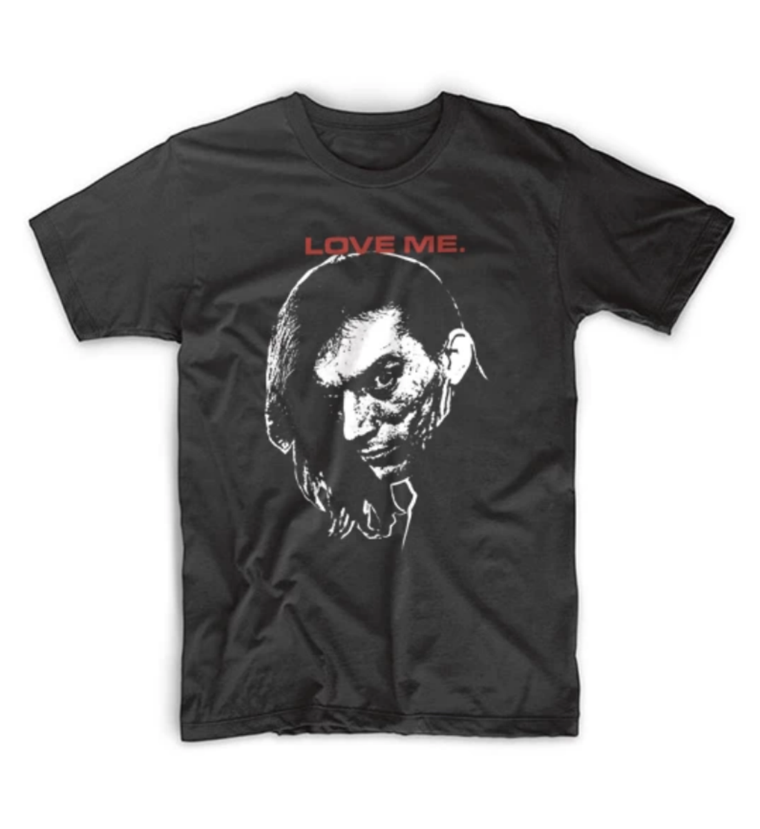 The Cramps co-founder, Bryan Gregory "LOVE ME" white image red lettering on unisex 100% cotton black t-shirt, shown flatlay