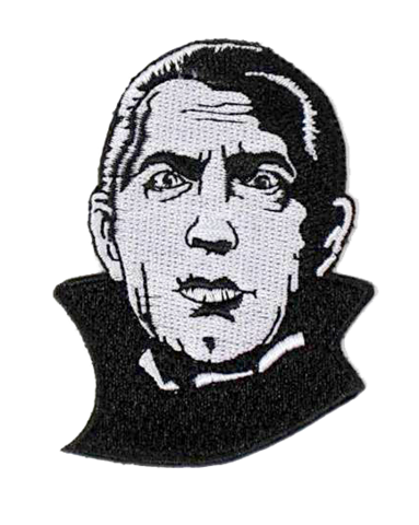 Black &amp; white embroidered patch depicting Bela Lugosi in his iconic role as Count Dracula