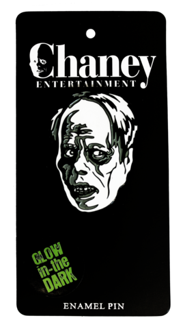 cream & black enameled metal Phantom of the Opera lapel clutch-back pin Lon Chaney, the "Man of a Thousand Faces," as his iconic role in the 1925 silent horror classic, shown on illustrated backer card packaging