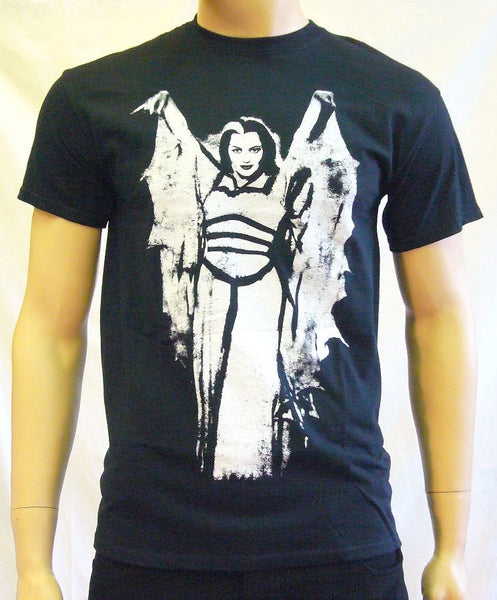 Basic men's black tee featuring a white screenprinted image of Yvonne De Carlo as 60s TV mom, Lily Munster, shown on mannequin