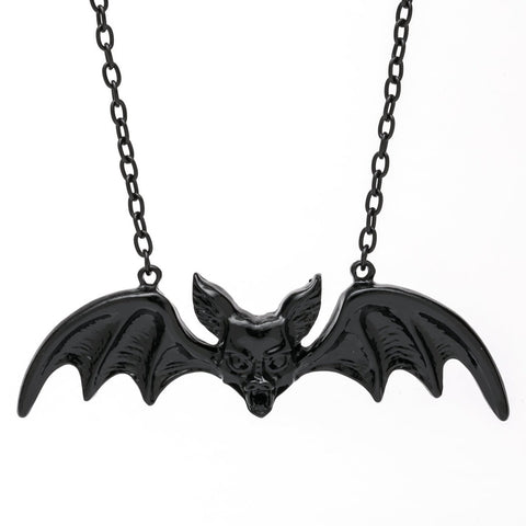 gargoyle-style bat face with wings necklace in shiny black