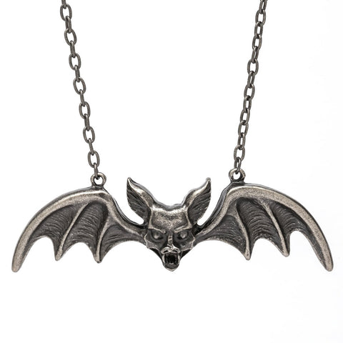gargoyle-style bat face with wings necklace in a matte gunmetal finish