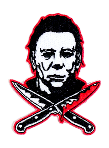 Black, white & red embroidered patch depicting the face of 1981 Halloween II slasher movie villain, Michael Myers over crossed bloody knives