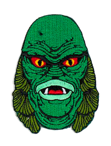 3" green twill fabric back patch with embroidered details depicting the face of the Creature From The Black Lagoon from the classic 1954 movie