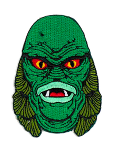 3" green twill fabric back patch with embroidered details depicting the face of the Creature From The Black Lagoon from the classic 1954 movie