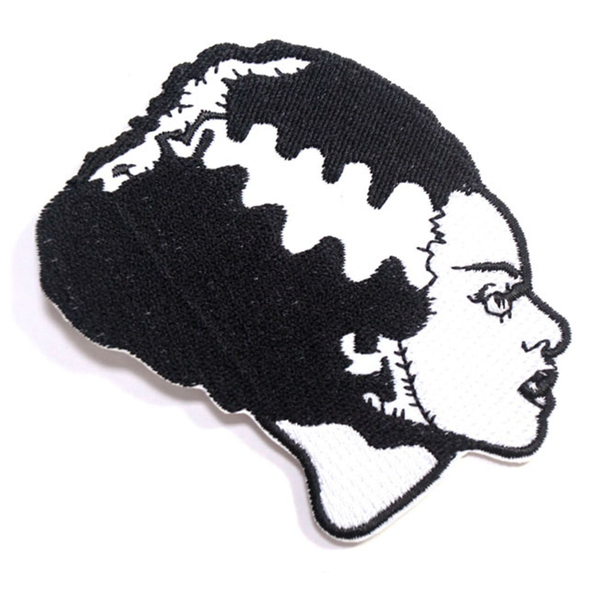 3" black & white embroidered patch depicting a profile view of Elsa Lanchester in her iconic role as the monster's mate from the classic 1935 movie, Bride of Frankenstein