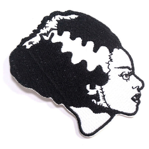 3" black & white embroidered patch depicting a profile view of Elsa Lanchester in her iconic role as the monster's mate from the classic 1935 movie, Bride of Frankenstein