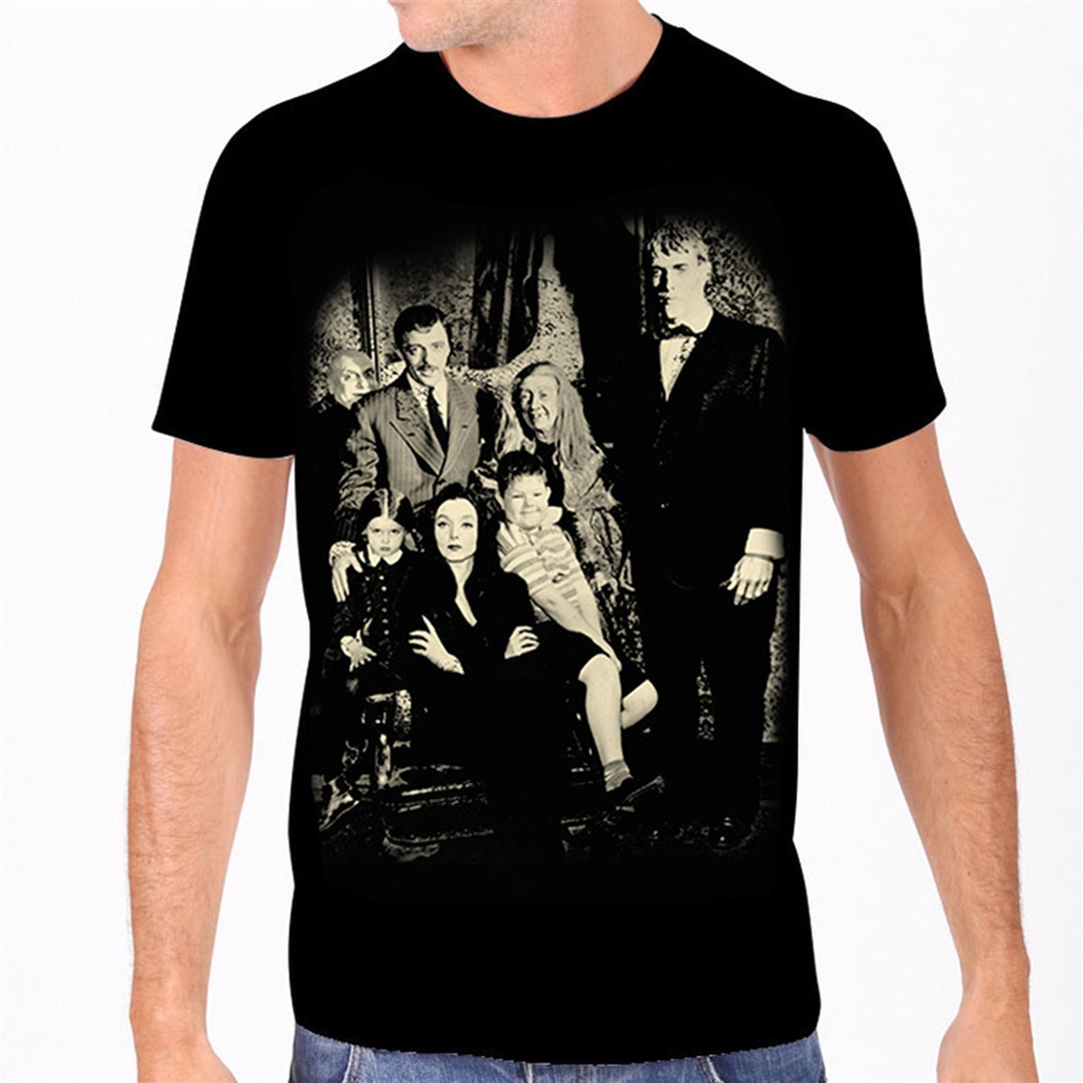 men's sizing fitted black t-shirt featuring the cast of 60s TV show, The Addams Family in off-white, shown on model