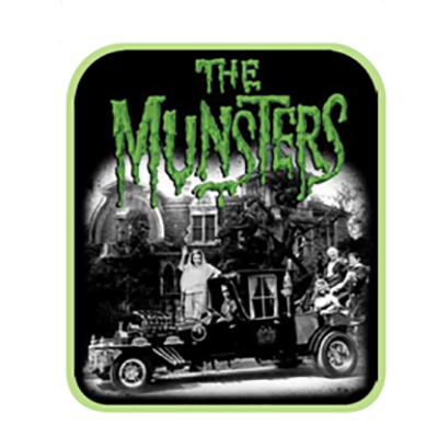 3.5" cream, green & black sublimation print embroidered The Munsters Family Patch features the cast of the campy 60s TV show piled into their Koach in front of their home at 1313 Mockingbird Lane