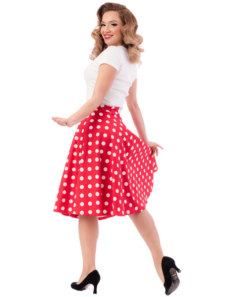 high waist swing skirt in bright red with allover white polka dot pattern, shown back view on model