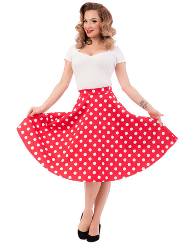 high waist swing skirt in bright red with allover white polka dot pattern, shown on model