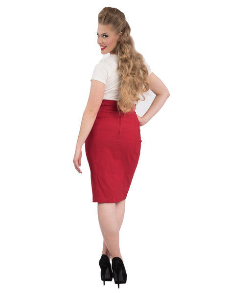 red stretch knit high waist pencil skirt with left front slit, shownback view on model