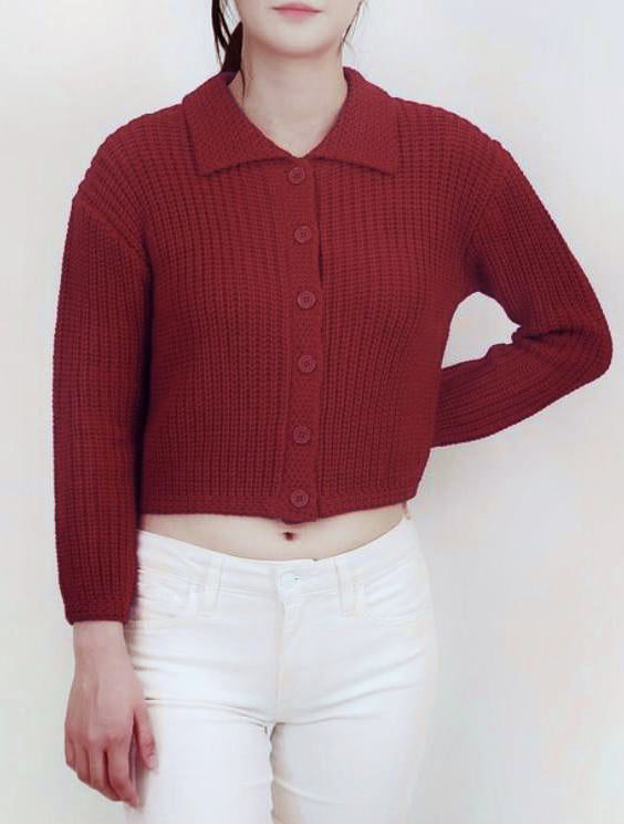 Chunky Knit Collared Cardigan in Red