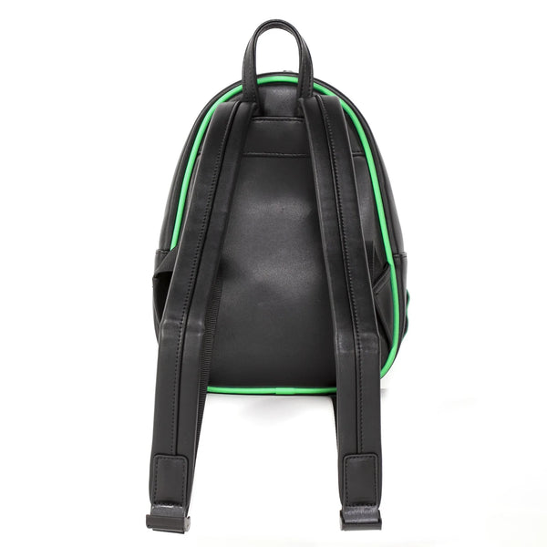 Black faux leather back pack with a embossed printed green Creature from The Black Lagoon face shaped front featuring intense red embroidered eyes and tongue, showing back view
