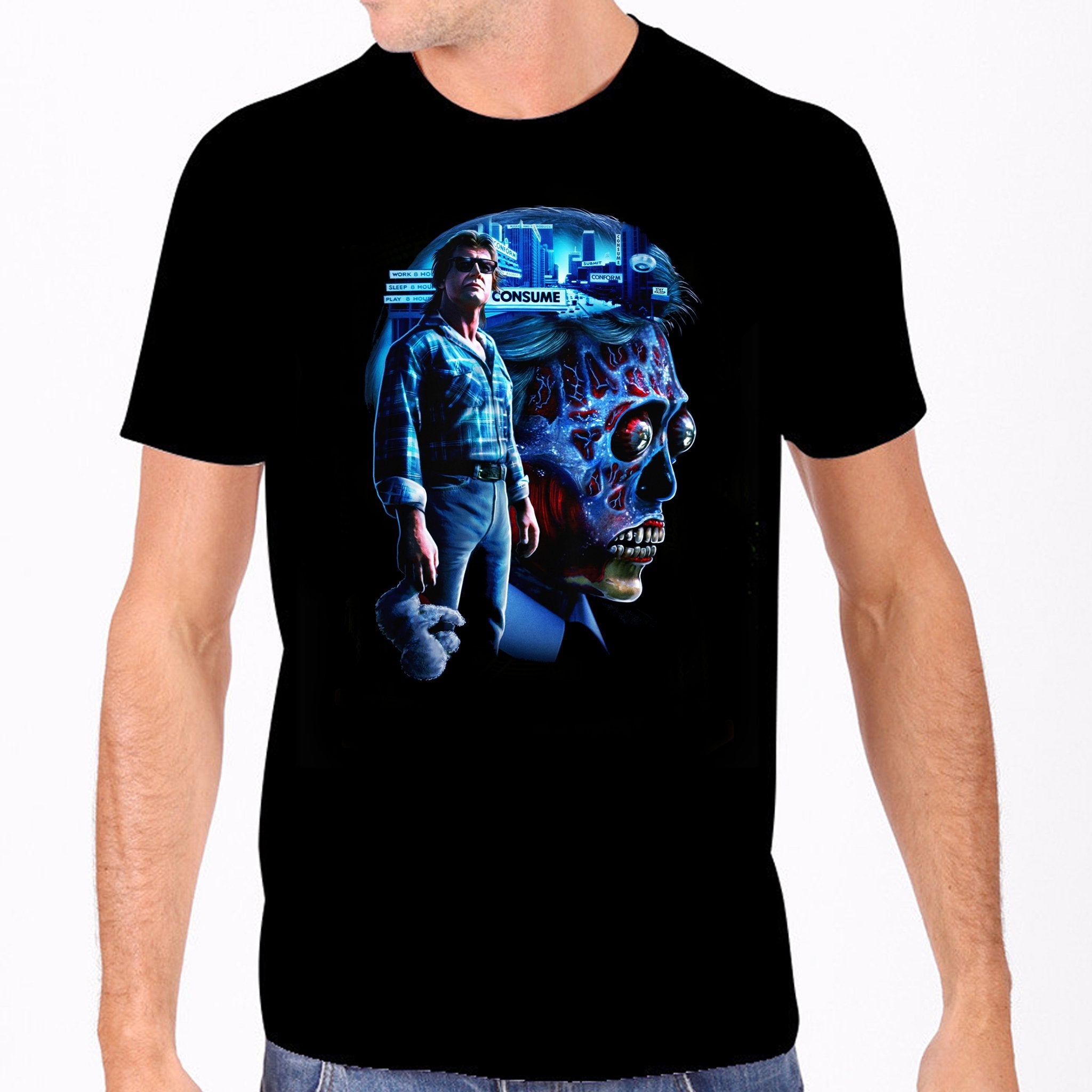 Guy's sizing fitted black 100% Cotton tee with imagery for John Carpenter's 1988 sci-fi cult classic They Live, shown on model