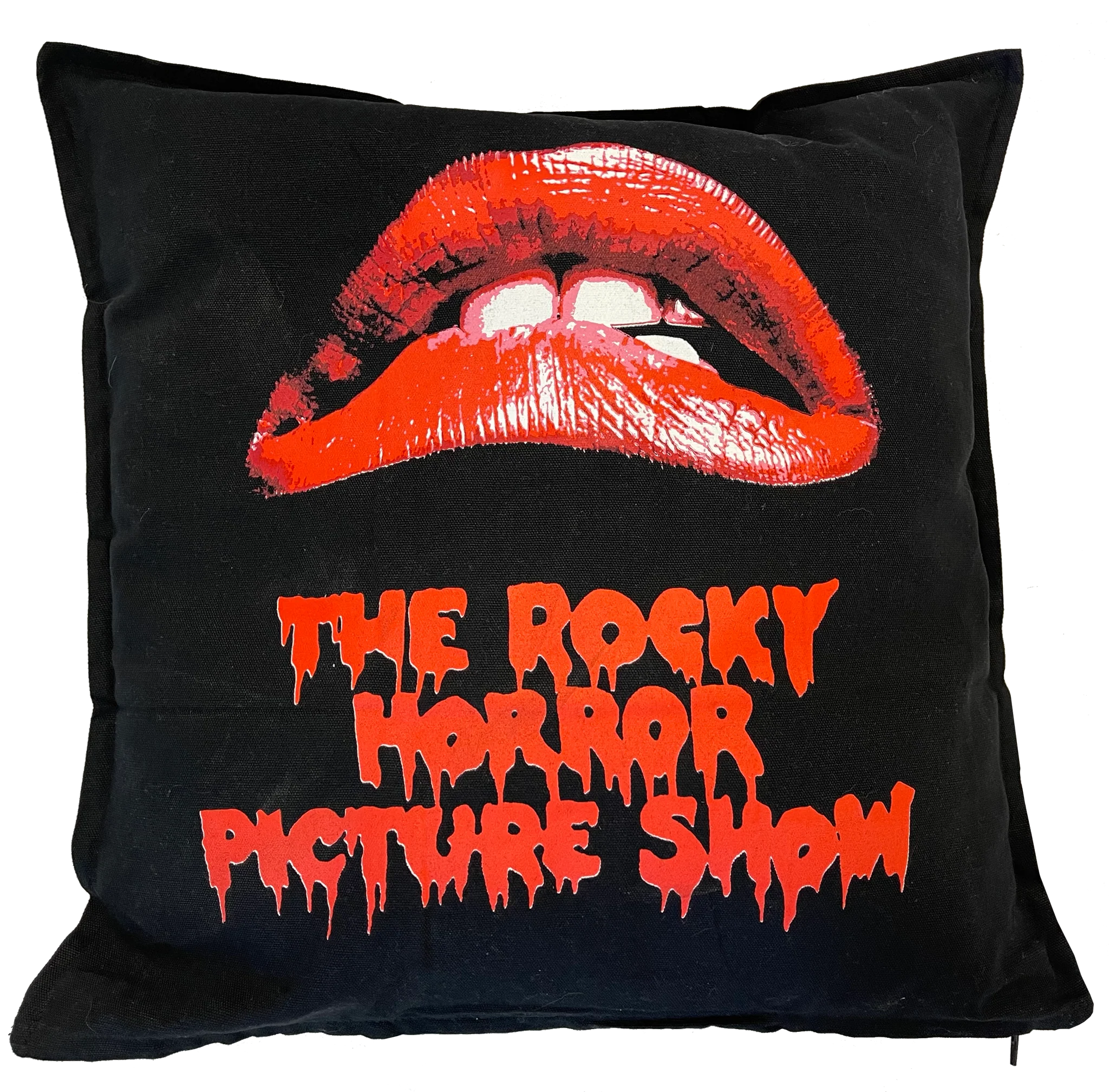 square shaped black cotton pillow with a print of Patricia Quinn's iconic red lips from The Rocky Horror Picture Show
