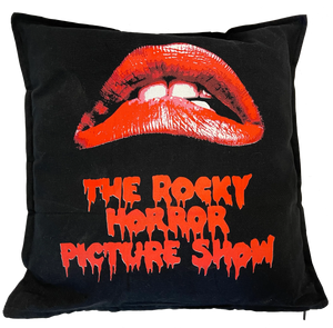 square shaped black cotton pillow with a print of Patricia Quinn's iconic red lips from The Rocky Horror Picture Show