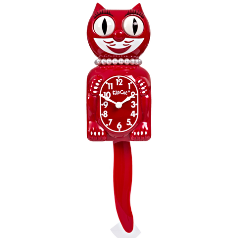 red & white Kit-Cat wall mount clock features white pearl necklace, black eyelashes, a mischievous grin, and big round eyes that swivel side-to-side in time with its pendulum tail 