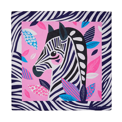 Pete Cromer x Erstwilder Wildlife Collaboration Collection vintage inspired semi-sheer chiffon "Zealous Zebra" pink background portrait print with black and white zebra stripe border square statement scarf