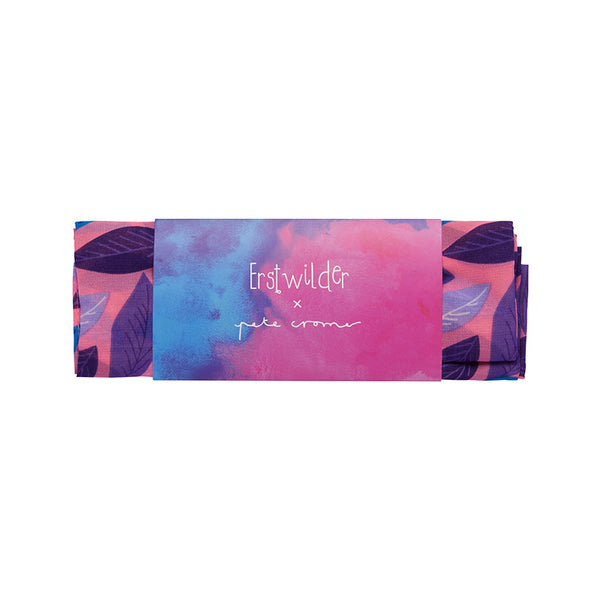 Pete Cromer x Erstwilder Wildlife Collaboration Collection vintage inspired semi-sheer "Fastidious Foliage" pink background print scarf, shown in illustrated sleave packaging