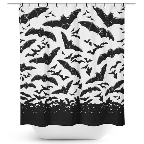 72" x 72" Polyester white with black Spooksville Bats pattern Shower Curtain with rings included, shown hung on rod