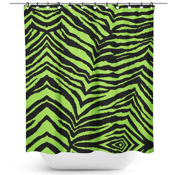 72" x 72" Polyester acid green zebra  print shower curtain with black plastic rings included