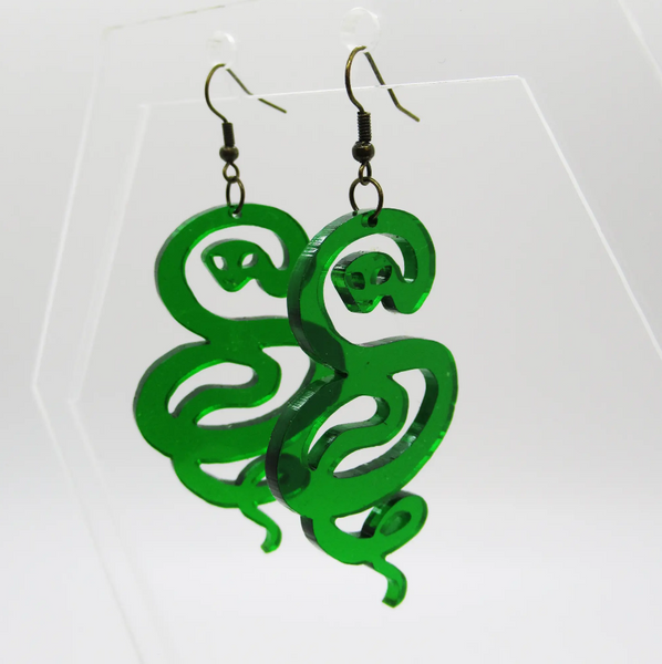 pair translucent green laser-cut acrylic coiled snake earrings with bronze hooks