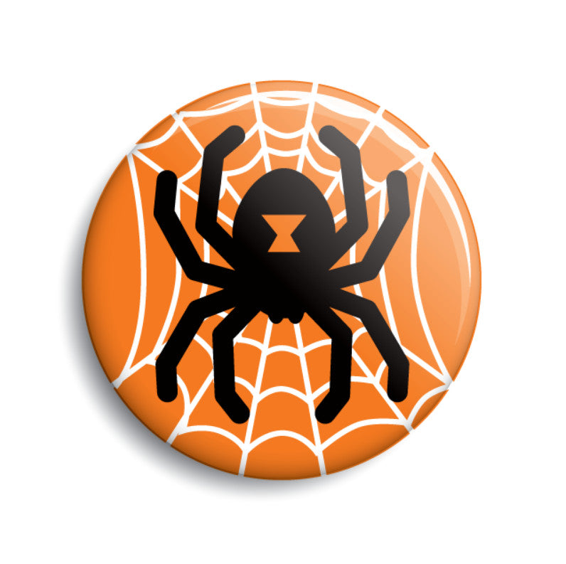 illustrated black widow spider in her web against orange background 1 1/2" round metal pin-back button