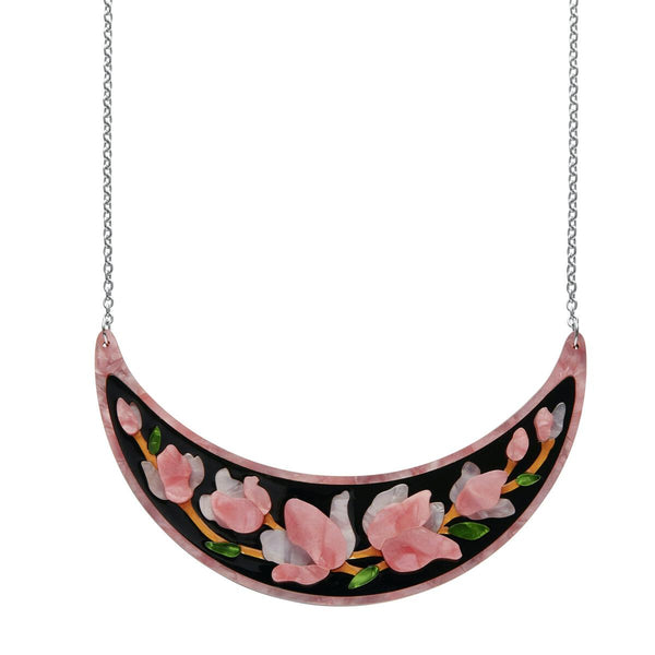 Art Nouveau Collection "Steel Magnolias" pink floral crescent shaped pendant on 17" - 21" adjustable silver metal chain