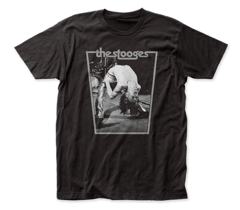 Stooges guy's sizing fitted black t-shirt featuring classic Mick Rock photo of Iggy Pop doing a backbend