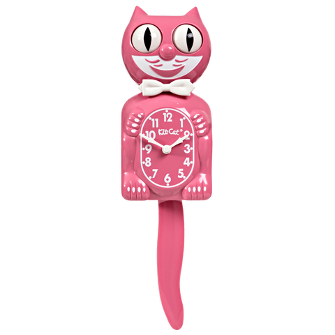 pink & white Kit-Cat wall mount clock features a mischievous grin, and big round eyes that swivel side-to-side in time with its pendulum tail 
