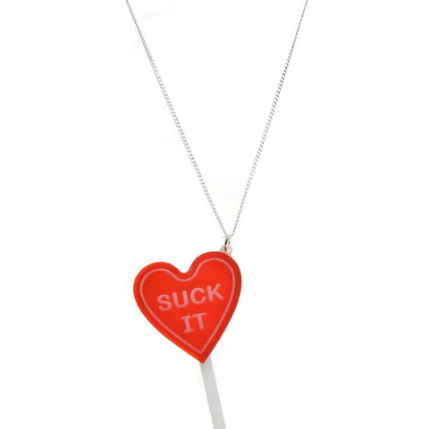"SUCK IT" layered white & translucent red acrylic 1 1/4" x 2 1/4" heart-shaped lollipop pendant on 16" - 17" shiny silver metal link chain