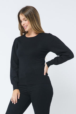 black pullover crew neck sweater with slightly ballooned long sleeves, shown on model