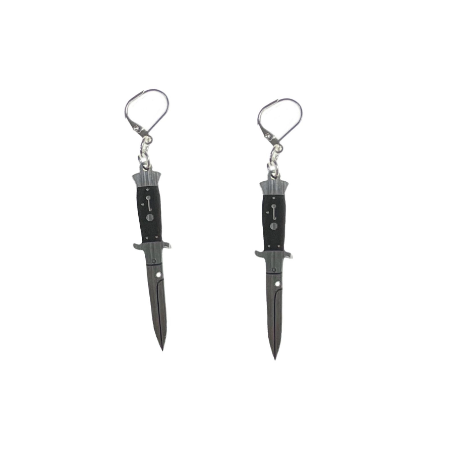 pair two-tone black and metallic silver laser cut acrylic switchblade knife dangle earrings with silver-plated lever back hooks