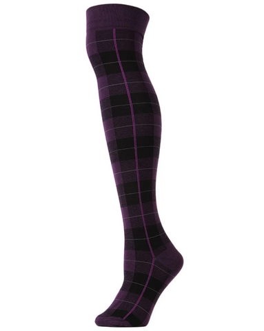 over-the-knee length socks in a purple background plaid with black, magenta, and grey