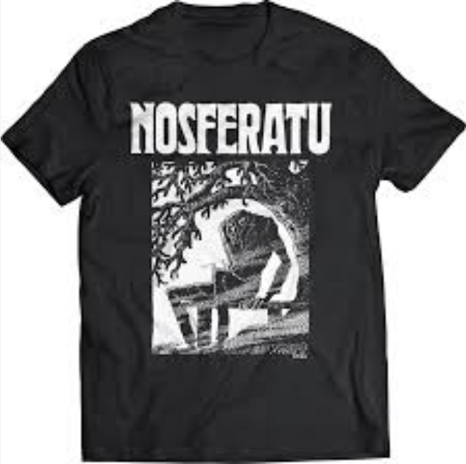 black t-shirt with a white illustration by Albin Grau of Max Schreck as Count Orlock from the 1922 film Nosferatu, shown flatlay
