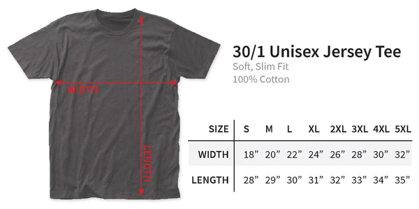 30/1 Unisex Jersey Tee size chart info graphic