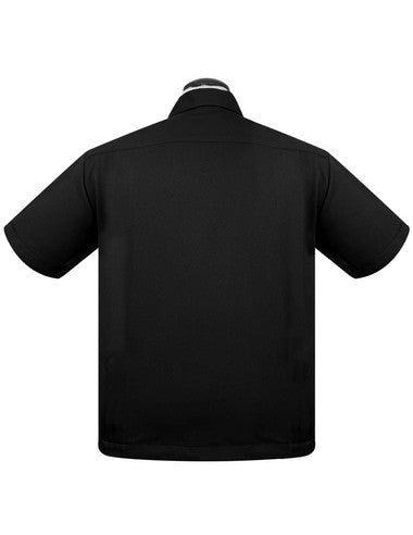 Guy's sizing basic short sleeve relaxed fit button-up shirt with straight bottom hem, shown back view