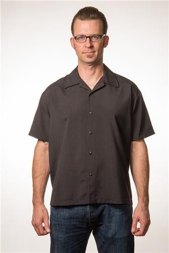 Guy's sizing basic short sleeve relaxed fit button-up shirt with straight bottom hem, shown on model