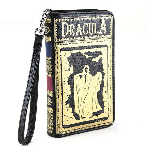 7" textured black with metallic gold print book-shaped "Dracula" wristlet strap wallet