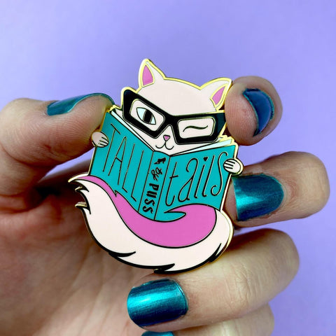 "Tall Tails" text pink cat black glasses blue book enameled gold metal clutch back pin