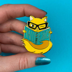 "Tall Tails" text yellow cat black glasses blue book enameled gold metal clutch back pin