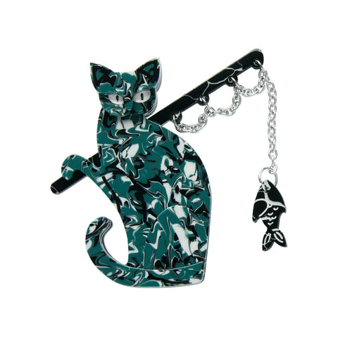 teal, black and white terrazzo marble effect layered resin cat with fish on fishing pole brooch