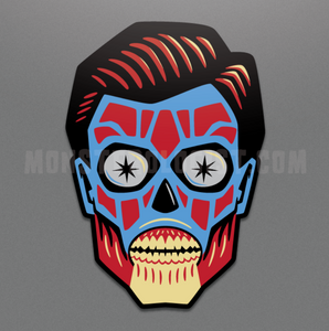 illustrated die-cut vinyl sticker depicting red, blue, cream, and black head of an alien from John Carpenter's 1988 sci-fi cult classic film They Live